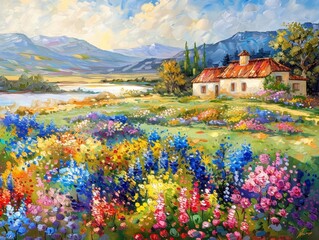 The afternoon sky watches over a vibrant flower garden, a canvas of nature s art, bright water color