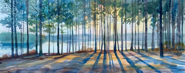 Tall pine trees cast long shadows in the fading light of dusk, bright water color