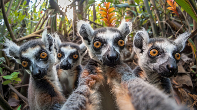 Four ring-tailed lemurs in a forest