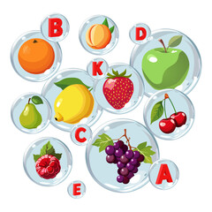 Set of healthy colorful fruit in air bubbles. Isolated vector summer fruit for design
