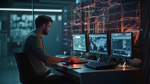 Young man working on server in datacenter room. Dark tone, Software engineer utilizing a computer in a modern data communication room, showcasing network connection lines