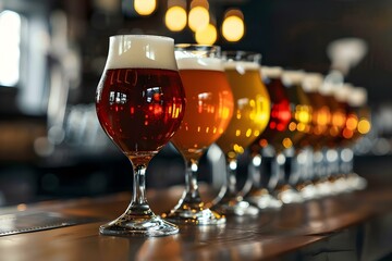 Row of draft beer glasses on bar counter blurred bar background. Concept Bar Photography, Beer Glasses, Blurred Background, Drinks Concept