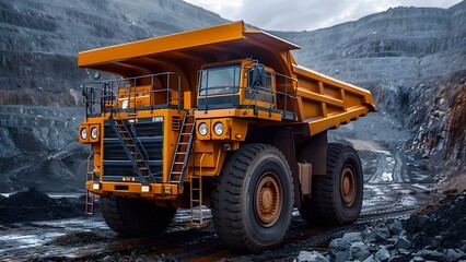 Heavyduty mining dump truck at construction site for transporting bulk cargo. Concept Heavy Duty Truck, Mining Equipment, Construction Site, Bulk Cargo Transportation, Industrial Machinery