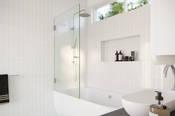 Interiors of a modern bathroom with marble tiles covered walls architecture.