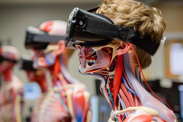Virtual reality systems are now used in medical training, allowing students to explore human anatomy in detail and perform simulated procedures on a digital body in a hitech concept