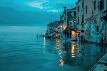 Twilight scene of a coastal city with flooded streets and buildings.