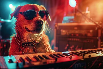 Dog wearing sunglasses and a studded collar playing keyboard.