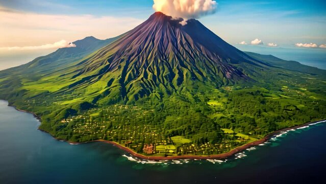 Aerial view of volcano Batur, Bali island, Indonesia, Aerial view of Gamalama Volcano on Ternate, Indonesia