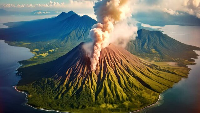 Volcanic eruption of Mount Bromo, Java, Indonesia, Aerial view of Gamalama Volcano on Ternate, Indonesia