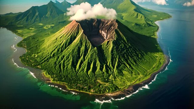 Aerial view of volcano Batur in Bali island, Indonesia, Aerial view of Gamalama Volcano on Ternate, Indonesia