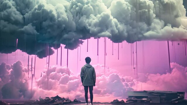 Young man standing in front of a huge cloud with rain coming out of it, An emo album cover with synthwave elements of someone staring at a TV screen of grey clouds