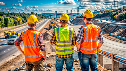 Men in construction helmets looking at the construction of the road