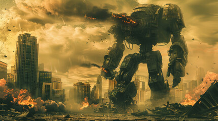 Obraz na płótnie Canvas live news footage of enormous robots as tall as skyscrapers. Apocalyptic scene, chaos, out of control, explosions, terror, ominous, doom, robot in battle action, destruction