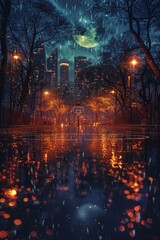 Fototapeta premium A mesmerizing artwork portraying a rainy city street illuminated by streetlamps with a surreal display of the northern lights in the sky above