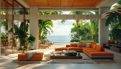 A modern, light green beach house with orange interior, offering a luxurious and relaxing tropical getaway.