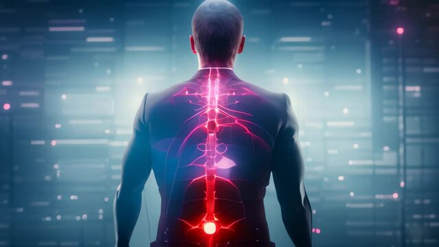 Back view of businessman looking at x-ray human body on digital background, Back pain highlighted in an office setting with a red holographic spine