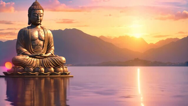Buddha statue on the lake at sunset with mountains in background, Buddha statue in the sunset