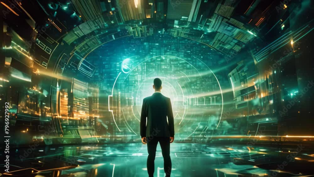 Poster back view of businessman looking at virtual panel with numbers and binary code, business with techno