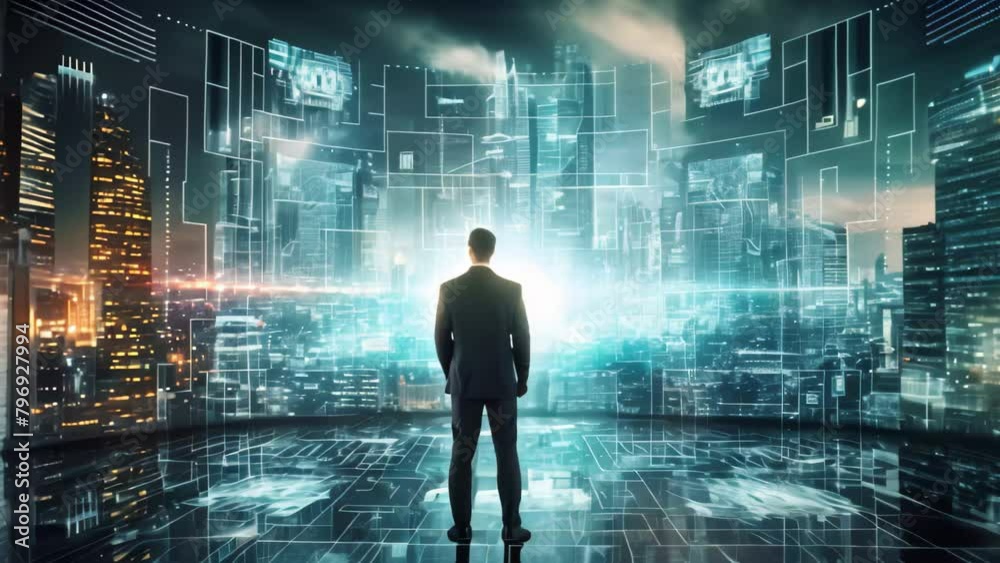 Poster businessman on abstract city background with binary code. technology concept. 3d rendering, business