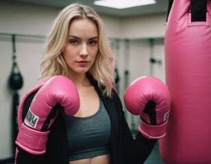 Confident young female boxer with pink gloves in a gym with punching bags in the background.