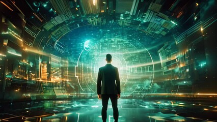 Back view of businessman looking at virtual panel with numbers and binary code, Business with technology, Concepts of surveillance and security scanning for digital program cyber - Powered by Adobe