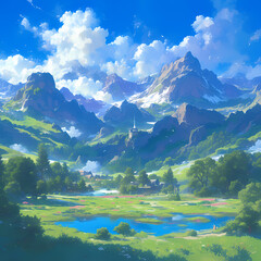 Breathtaking High-Res Mountain Range Desktop Background with Valleys and Lush Green Fields