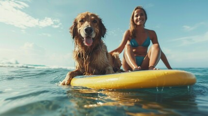 Happy woman with her labrador dog on sup board