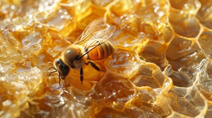 Close-up of a honeybee collecting nectar on a glistening honeycomb