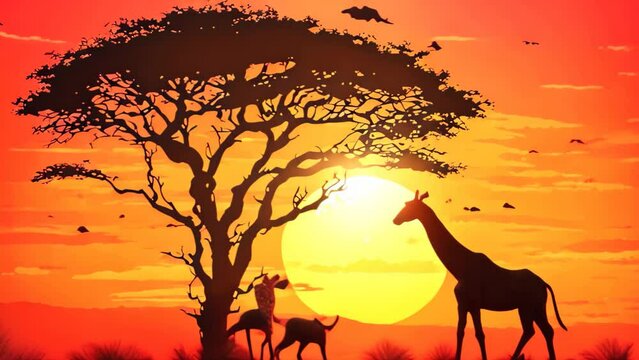 Silhouette of giraffes in savanna at sunset, vector illustration, Giraffe Silhouette - African Wildlife Background - Beauty in Color and Liberty
