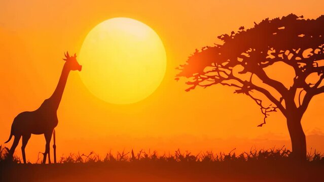 Silhouette of giraffes in savanna at sunset, vector illustration, Giraffe Silhouette - African Wildlife Background - Beauty in Color and Liberty