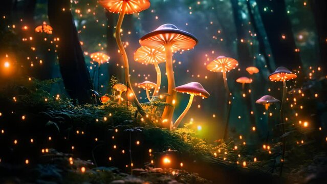Magic mushrooms in the forest at night. Fantasy forest landscape with magic mushrooms, Glowing mushrooms in a dreamy forest