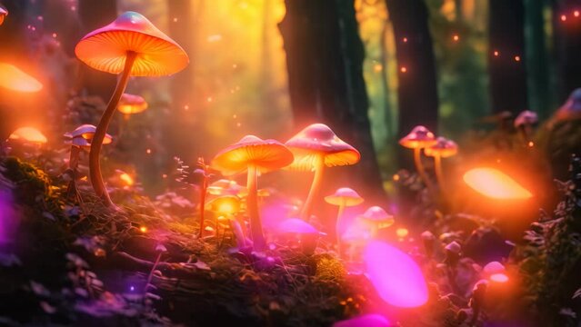 Mushrooms in the forest at night. Fairytale scene, Glowing mushrooms in a dreamy forest