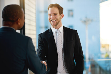 Shaking hands, partnership and business men in office with b2b deal, greeting or introduction for...