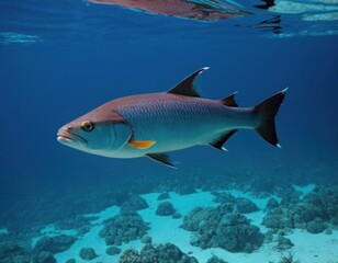 Tropical fish swimming in clear blue ocean water, marine life underwater scene.