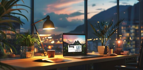 Modern home office interior with a desk laptop and window view of a mountain landscape at night