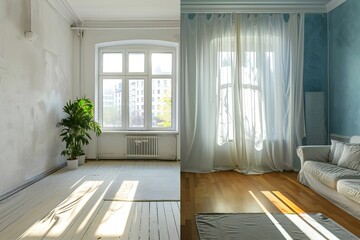 Before and after photos of renovated apartment or room. Concept Home Renovation, Interior Design, Before and After, Room Makeover, Apartment Transformation