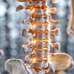 3D illustration of the human spine with a glowing effect.