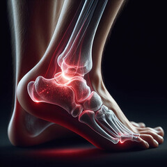 3D illustration of human foot anatomy with highlighted painful ankle joint, medical concept.