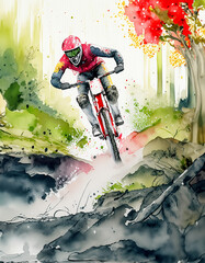 A mountain biker in action, surrounded by a vibrant mix of watercolor splashes representing nature’s elements