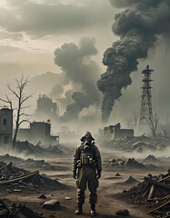 A man in a gas mask stands amidst ruins, dark smoke billows from distant buildings, creating a post-apocalyptic scene