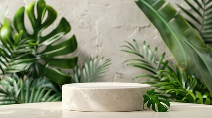 3d rendering of a marble podium with tropical leaves