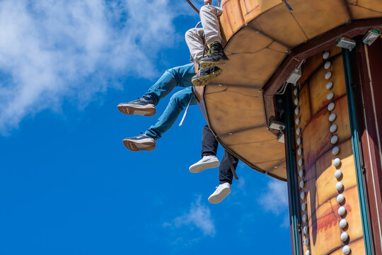 Exhilarating drop tower ride at summer fair