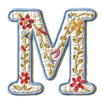 Alphabet M embroidery pattern text.