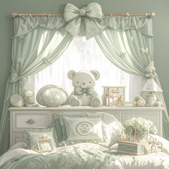 Immerse in a whimsical dreamland with this opulent child's bedroom sanctuary featuring a charming teddy bear amidst lavish details.