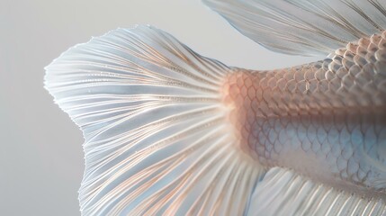 Close-up of a colorful betta fish tail. The fish is facing away from the camera, and its tail is spread out in a fan-like shape.