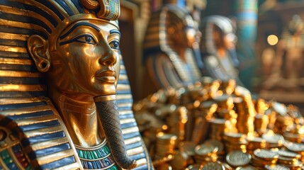 Golden pharaoh statue with coins - obrazy, fototapety, plakaty