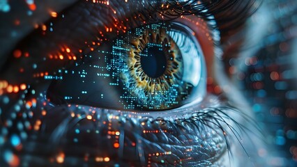 A digital eye in a web of code symbolizing constant cyber vigilance. Concept Cybersecurity, Digital Surveillance, Code Interconnected, Web of Technology, Eye in the Network