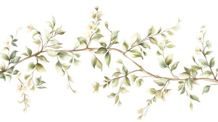 Watercolor Branch with green foliage and beige flowers Clipart