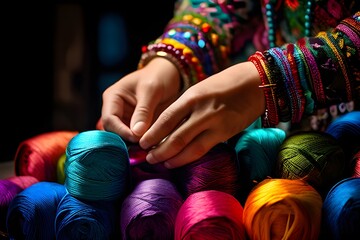 Fotografía de una cesta with ovillos de lana coloridos cercanos, acompañadas de una bufanda vibrante.
