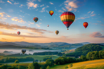 A cluster of colorful hot air balloons floating above a picturesque landscape